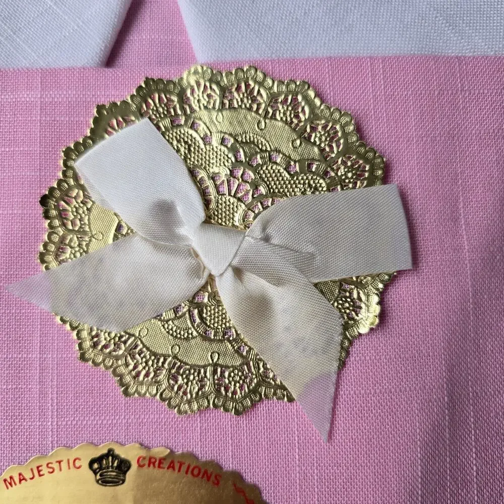 Vintage Majestic Creations Tablecloth 4 Napkins Pink White Rayon Square 52X52